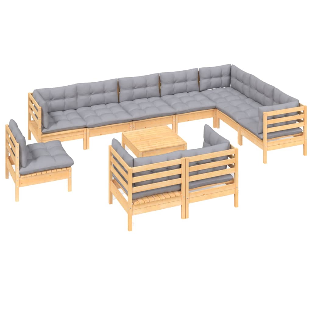 11 Piece Garden Lounge Set with Grey Cushions Solid Pinewood