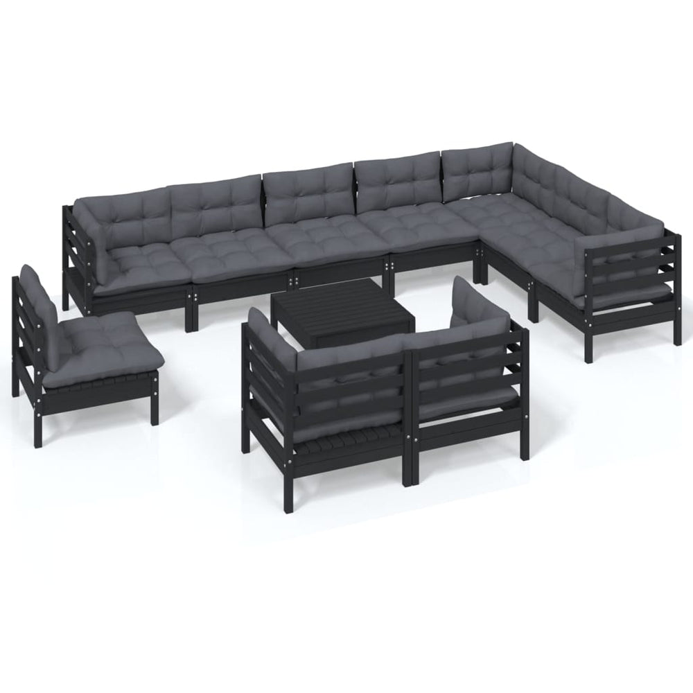 11 Piece Garden Lounge Set with Cushions Black Solid Pinewood