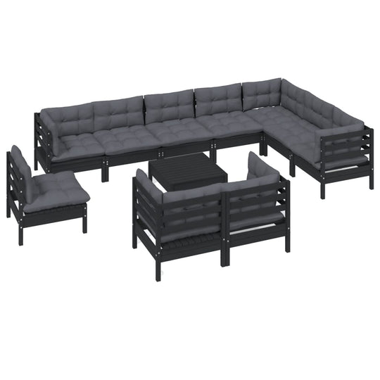 11 Piece Garden Lounge Set with Cushions Black Solid Pinewood