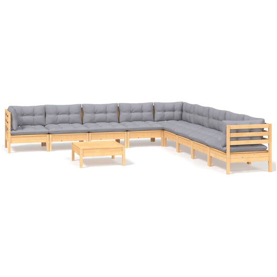 10 Piece Garden Lounge Set with Grey Cushions Solid Pinewood