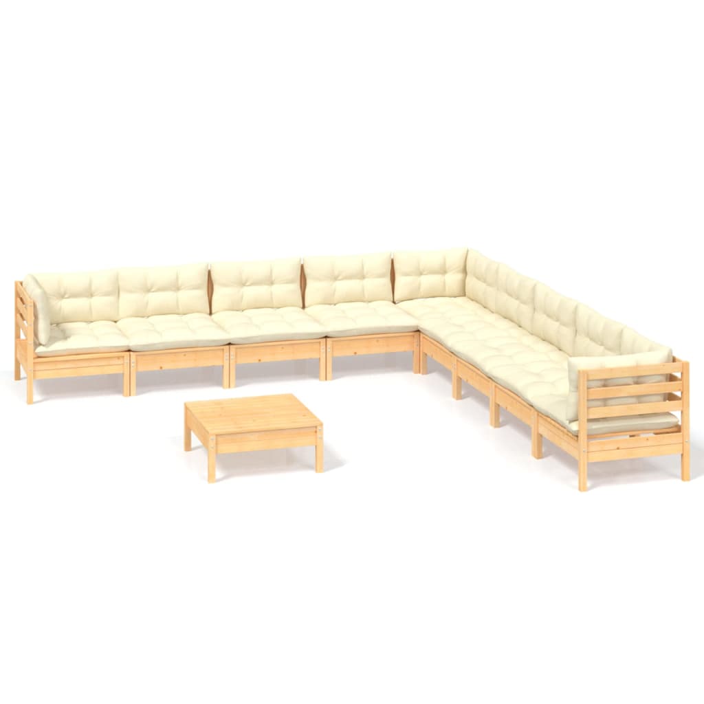 10 Piece Garden Lounge Set with Cream Cushions Solid Pinewood