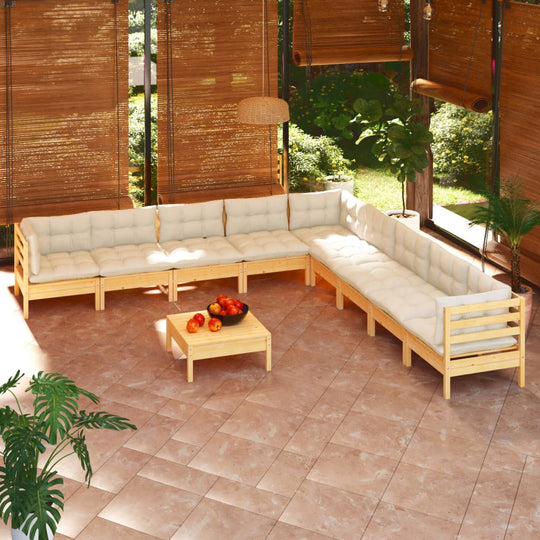 10 Piece Garden Lounge Set with Cream Cushions Solid Pinewood