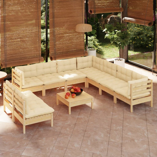 10 Piece Garden Lounge Set with Cream Cushions Solid Pinewood