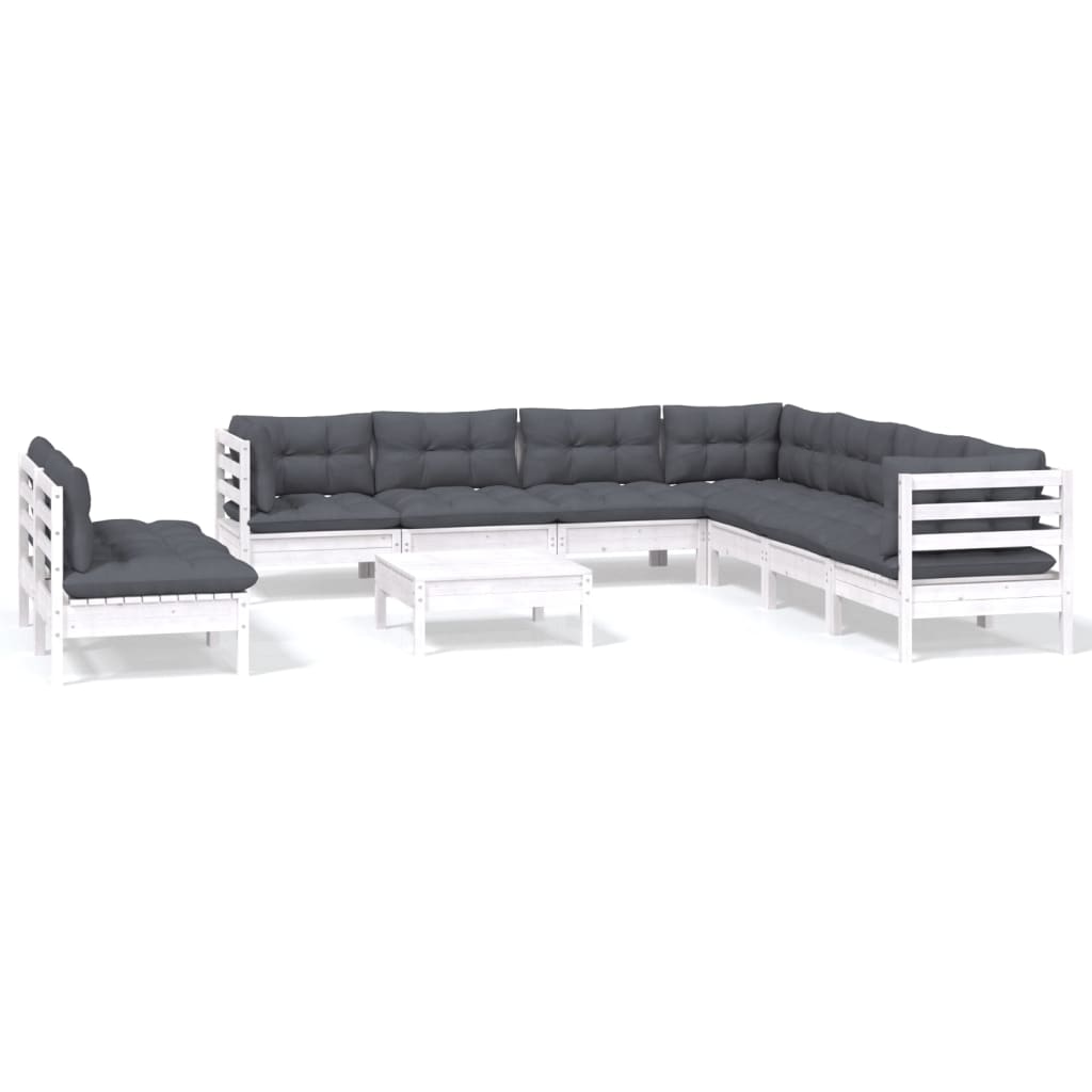 10 Piece Garden Lounge Set with Cushions White Solid Pinewood