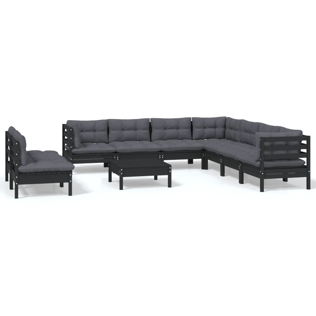 10 Piece Garden Lounge Set with Cushions Black Solid Pinewood