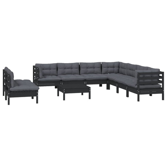 10 Piece Garden Lounge Set with Cushions Black Solid Pinewood