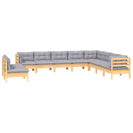 10 Piece Garden Lounge Set with Grey Cushions Solid Pinewood