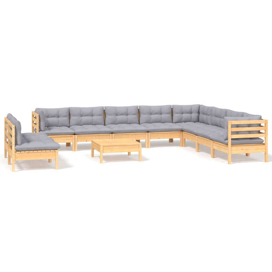 11 Piece Garden Lounge Set with Grey Cushions Solid Pinewood