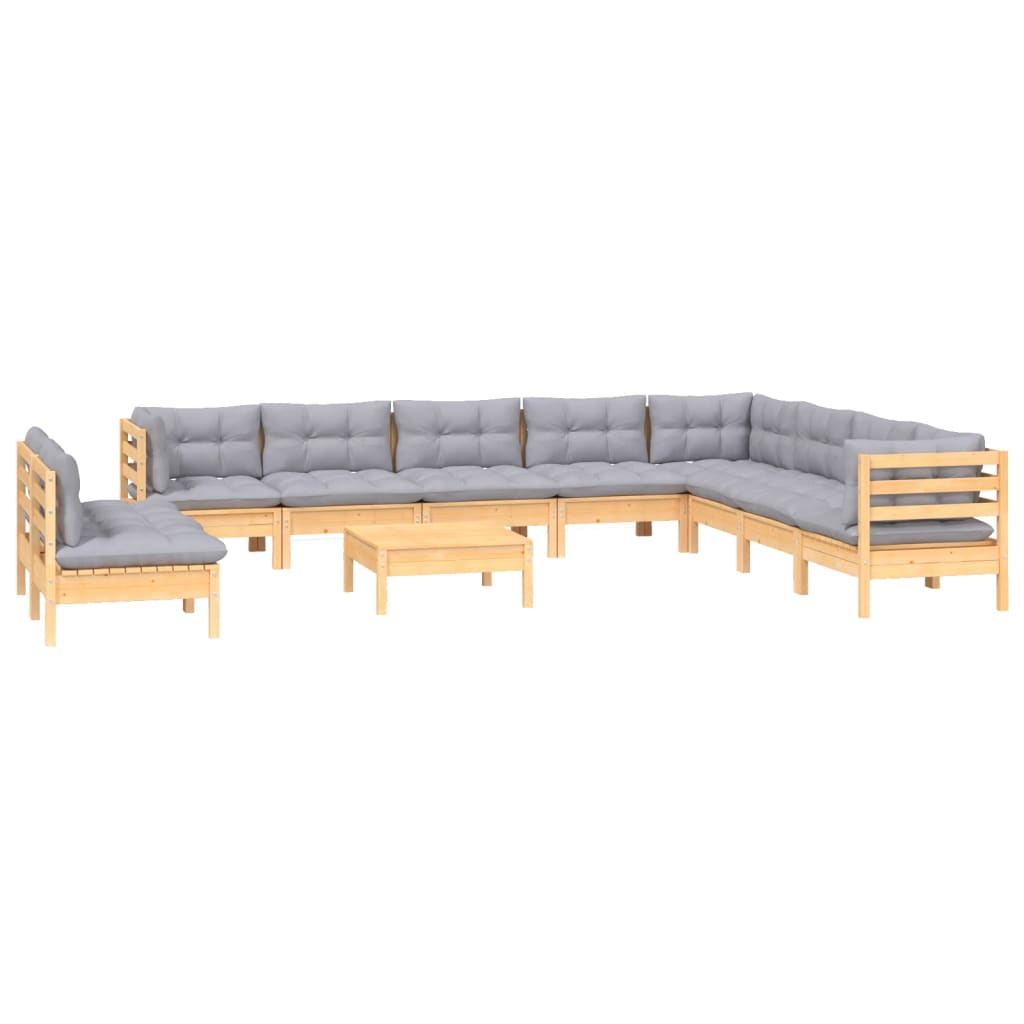 11 Piece Garden Lounge Set with Grey Cushions Solid Pinewood