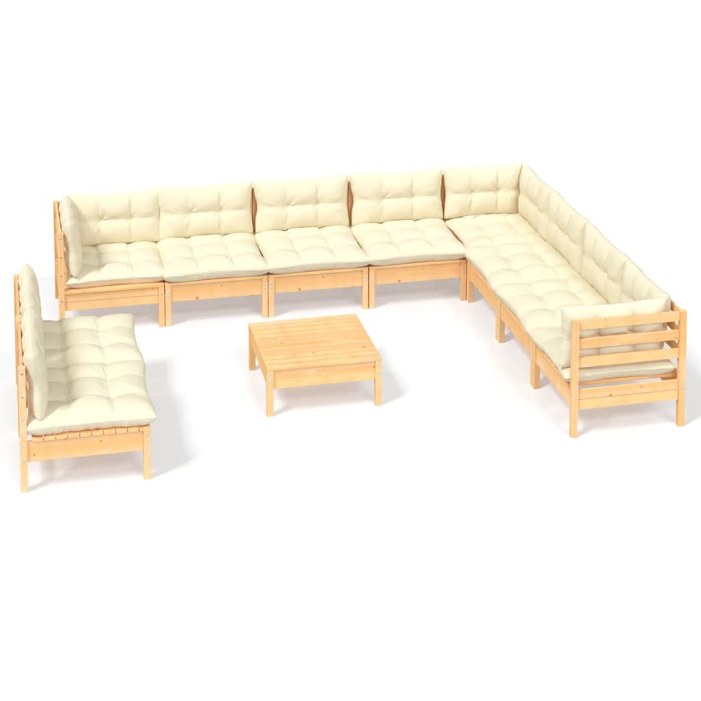 11 Piece Garden Lounge Set with Cream Cushions Solid Pinewood