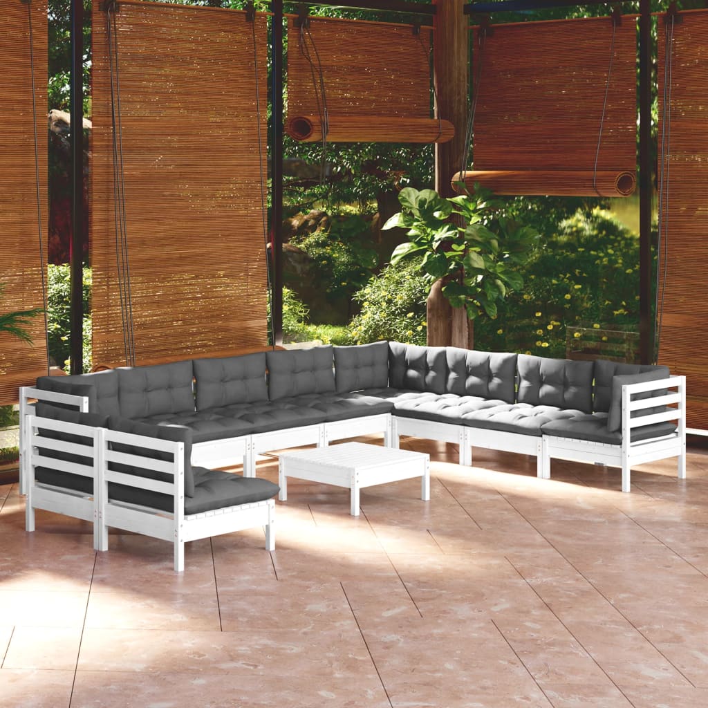 11 Piece Garden Lounge Set with Cushions White Solid Pinewood