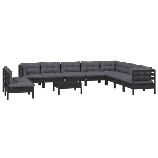 11 Piece Garden Lounge Set with Cushions Black Solid Pinewood