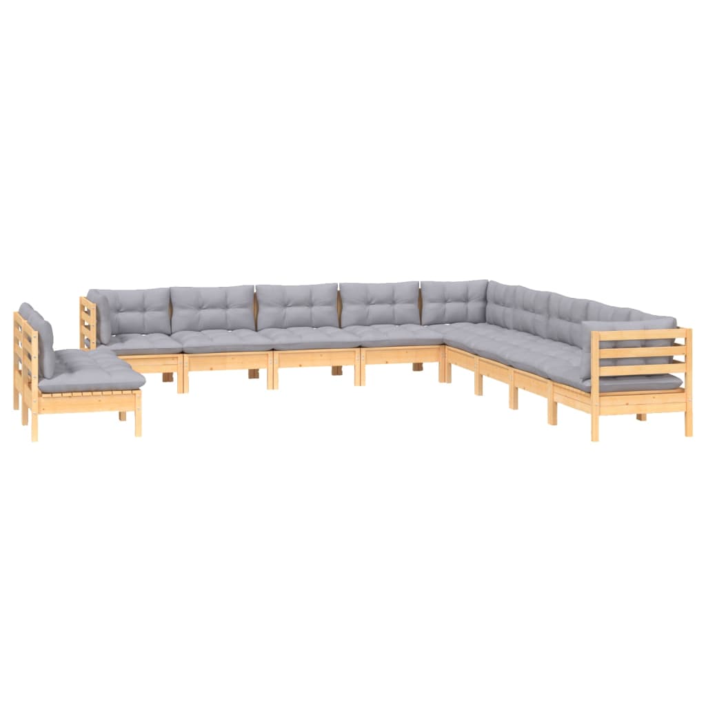 11 Piece Garden Lounge Set with Grey Cushions Solid Pinewood