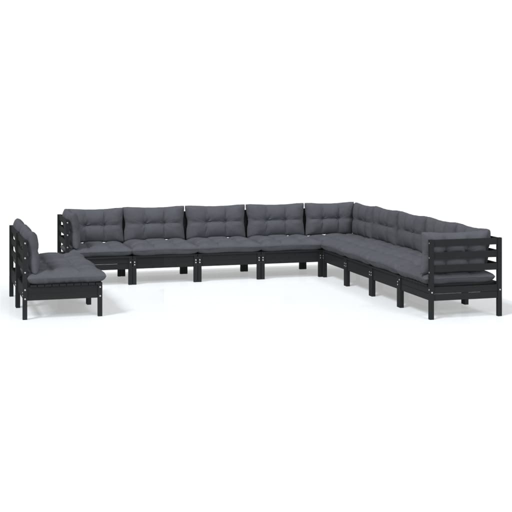 11 Piece Garden Lounge Set with Cushions Black Solid Pinewood