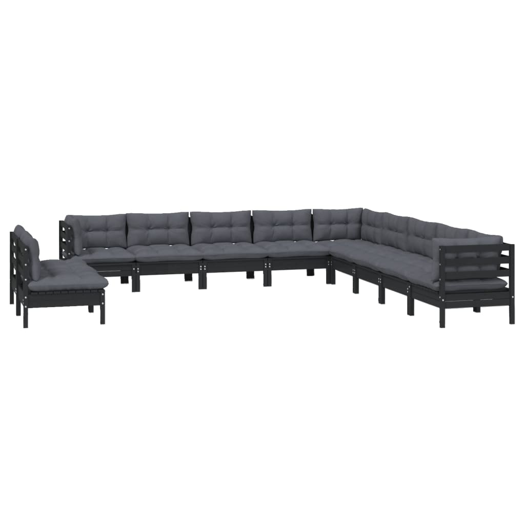 11 Piece Garden Lounge Set with Cushions Black Solid Pinewood