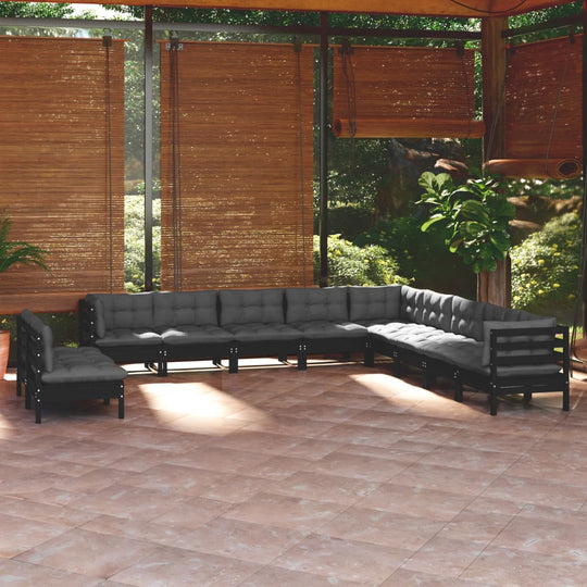 11 Piece Garden Lounge Set with Cushions Black Solid Pinewood