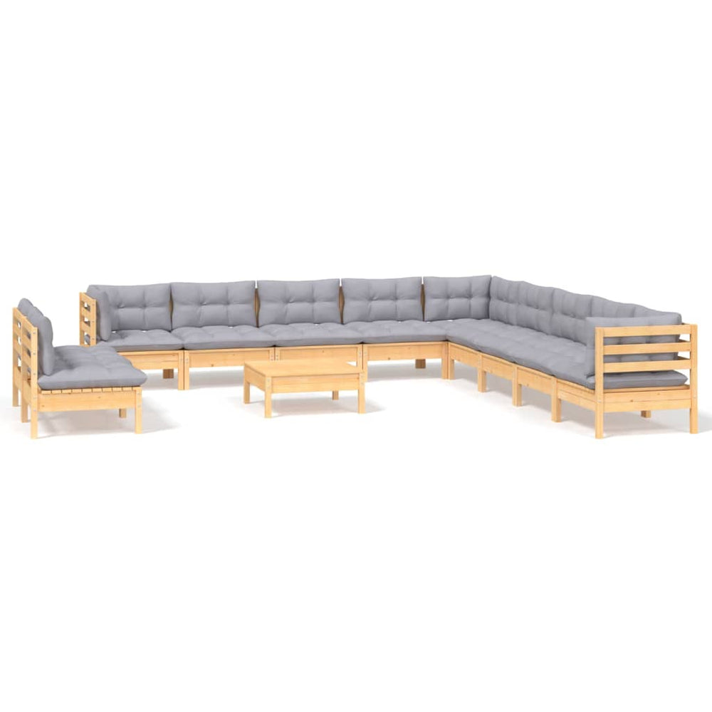 12 Piece Garden Lounge Set with Grey Cushions Solid Pinewood