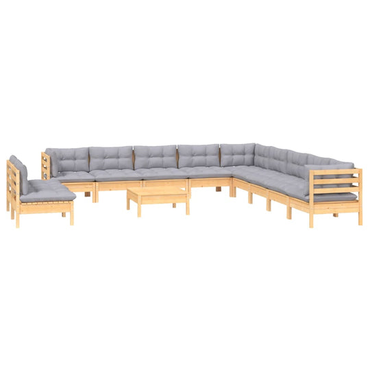 12 Piece Garden Lounge Set with Grey Cushions Solid Pinewood