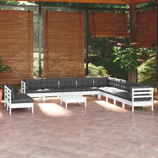 12 Piece Garden Lounge Set with Cushions White Solid Pinewood