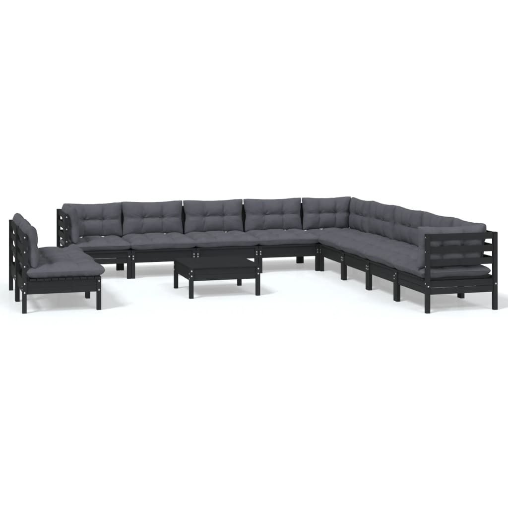 12 Piece Garden Lounge Set with Cushions Black Solid Pinewood