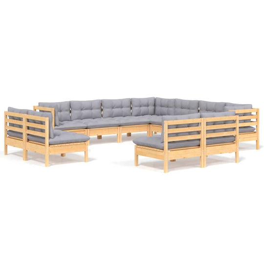 11 Piece Garden Lounge Set with Grey Cushions Solid Pinewood