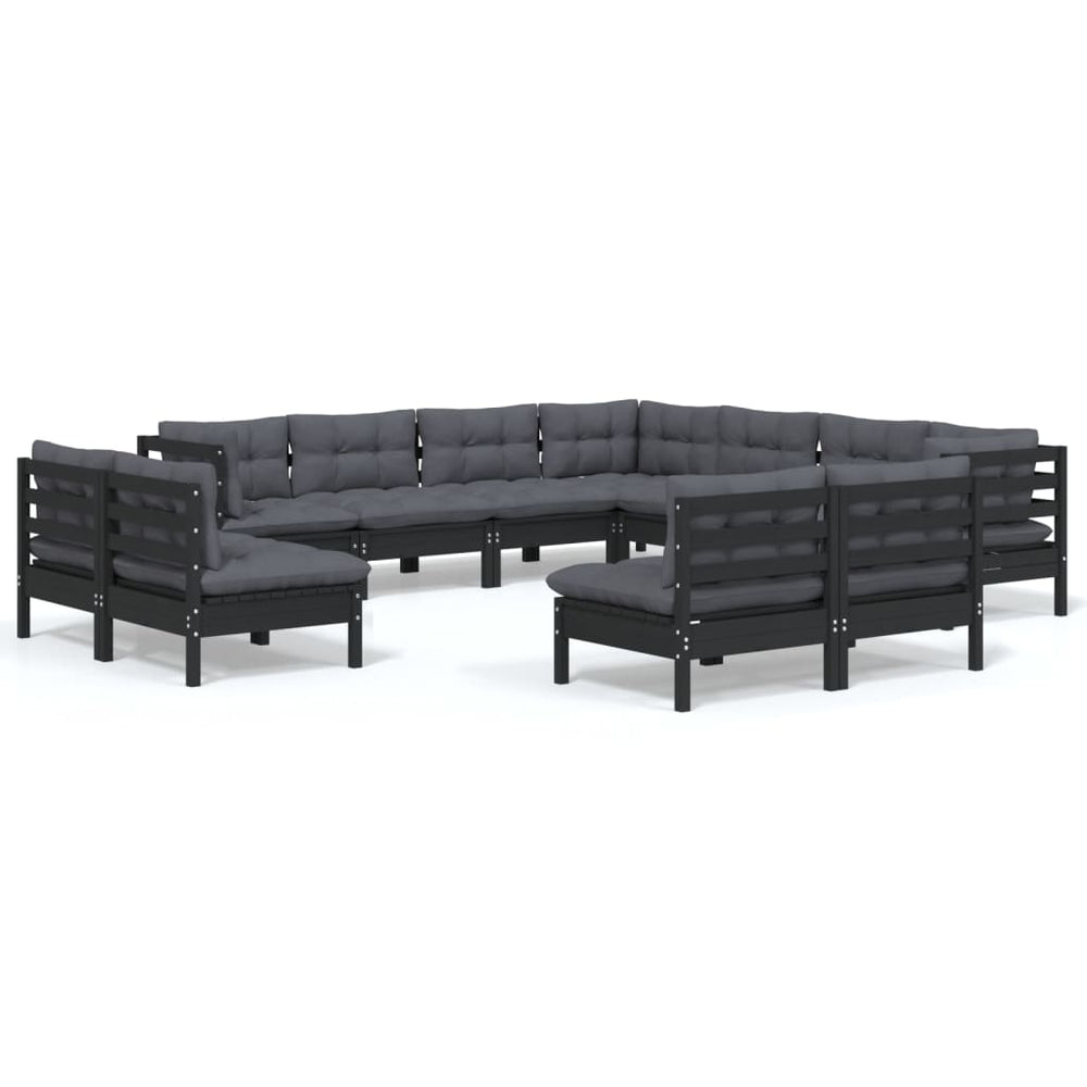 11 Piece Garden Lounge Set with Cushions Black Solid Pinewood