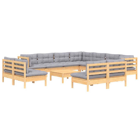 12 Piece Garden Lounge Set with Grey Cushions Solid Pinewood