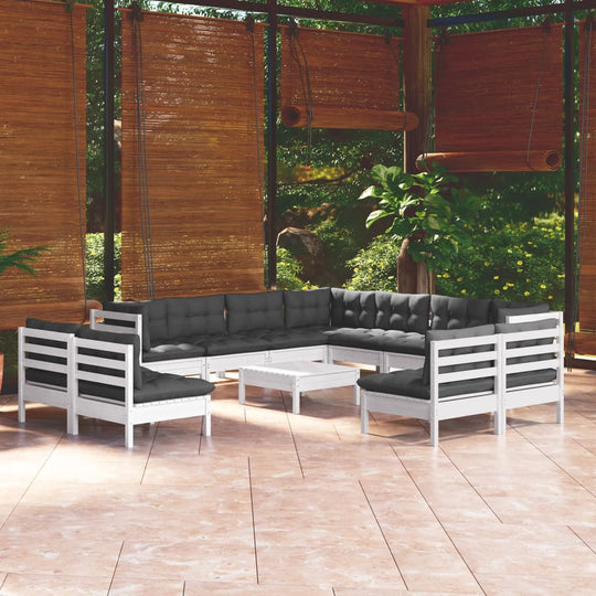 12 Piece Garden Lounge Set with Cushions White Solid Pinewood