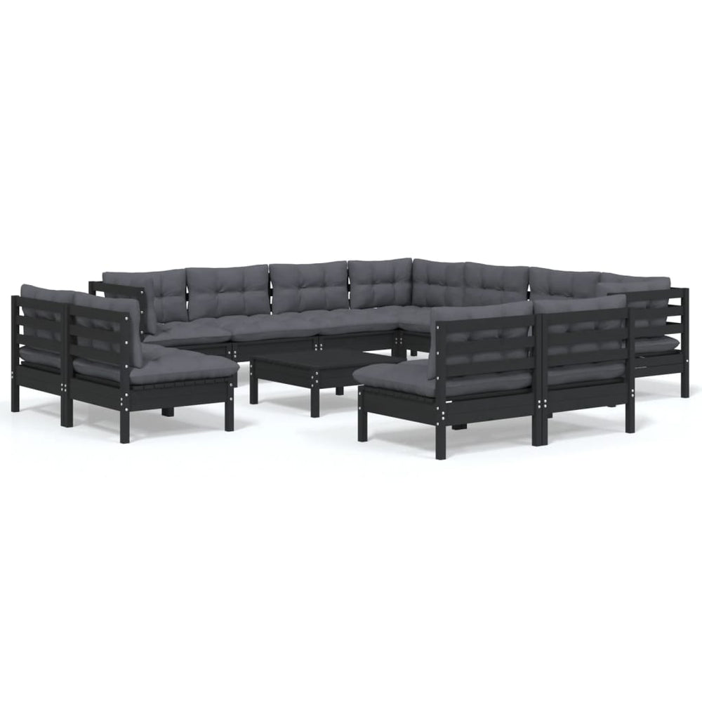 12 Piece Garden Lounge Set with Cushions Black Solid Pinewood