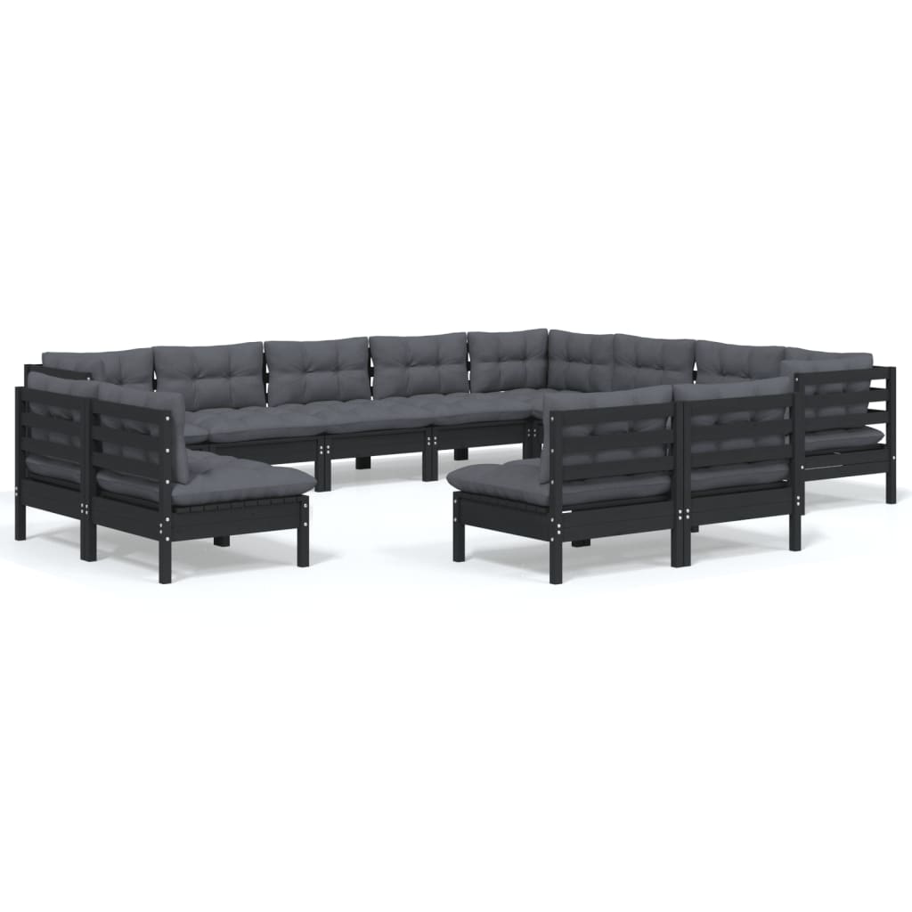 12 Piece Garden Lounge Set with Cushions Black Solid Pinewood