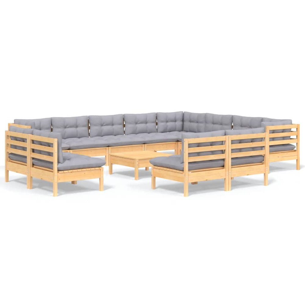 13 Piece Garden Lounge Set with Grey Cushions Solid Pinewood