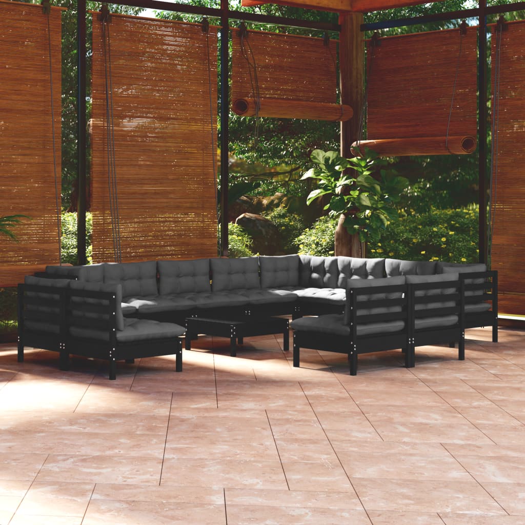 13 Piece Garden Lounge Set with Cushions Black Solid Pinewood