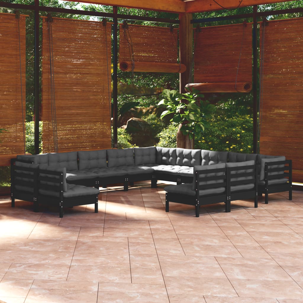 13 Piece Garden Lounge Set with Cushions Black Solid Pinewood