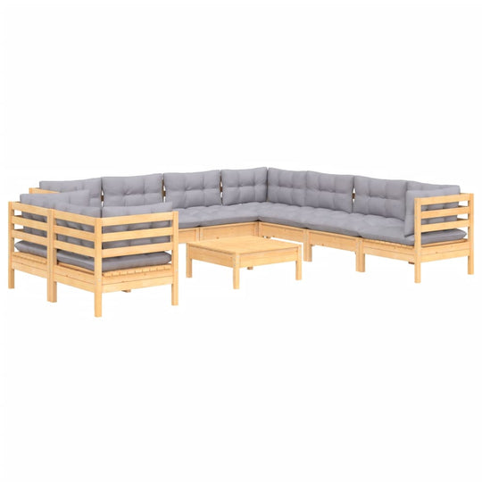 10 Piece Garden Lounge Set with Grey Cushions Solid Pinewood