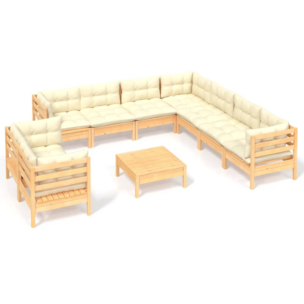 10 Piece Garden Lounge Set with Cream Cushions Solid Pinewood