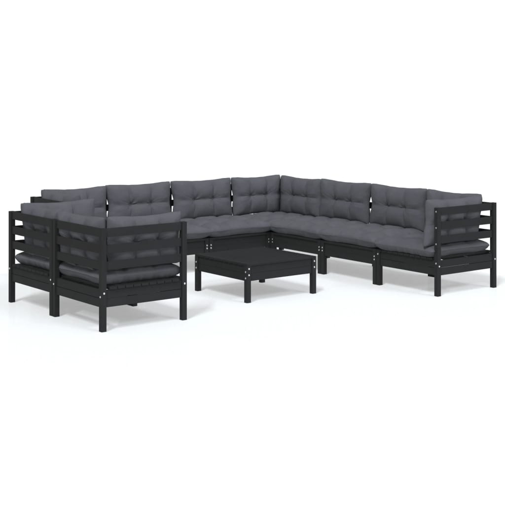 10 Piece Garden Lounge Set with Cushions Black Solid Pinewood