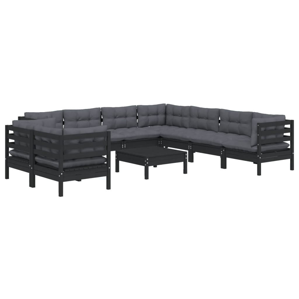 10 Piece Garden Lounge Set with Cushions Black Solid Pinewood