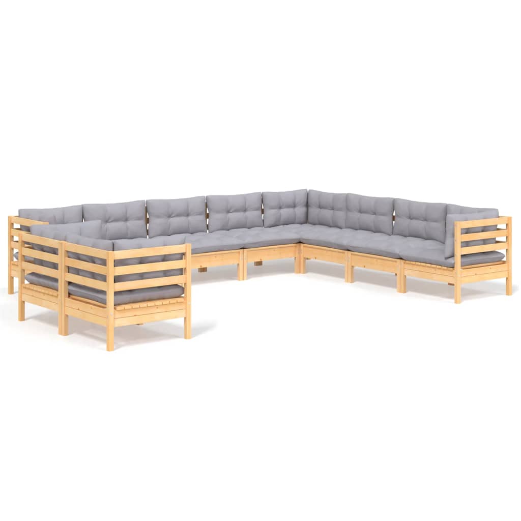 10 Piece Garden Lounge Set with Grey Cushions Solid Pinewood