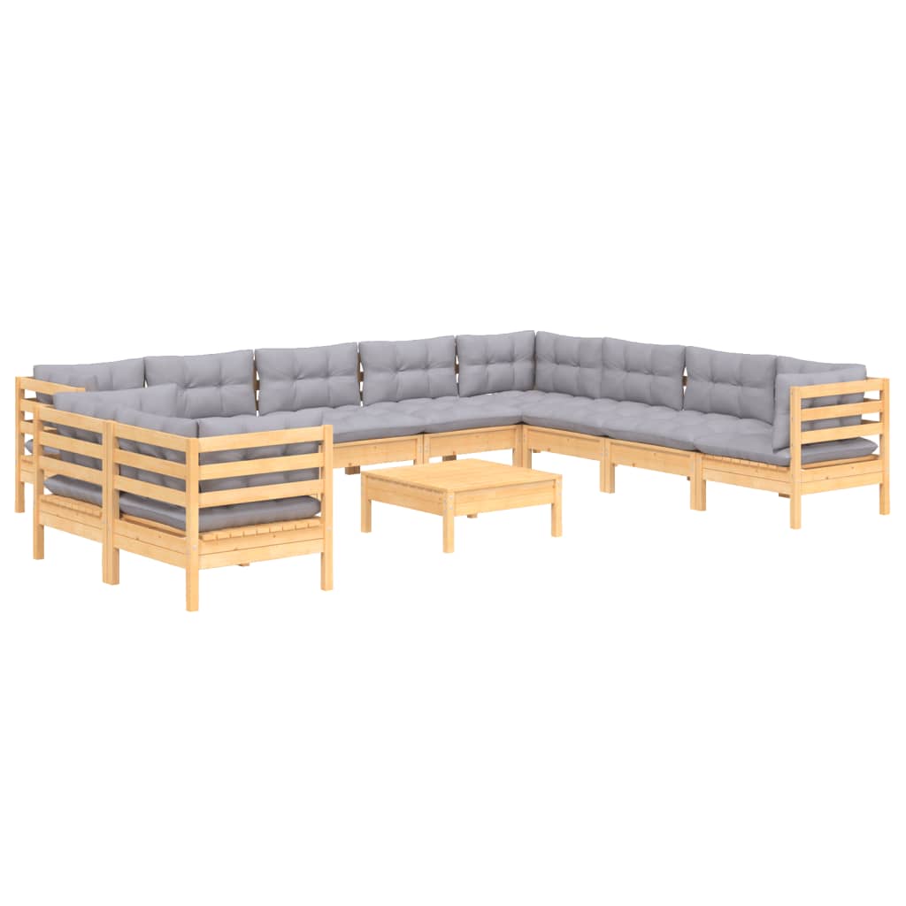 11 Piece Garden Lounge Set with Grey Cushions Solid Pinewood