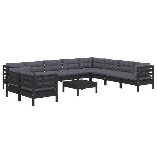 11 Piece Garden Lounge Set with Cushions Black Solid Pinewood