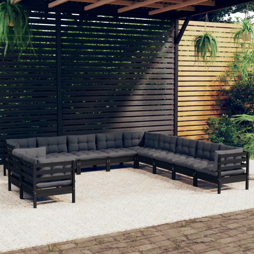 11 Piece Garden Lounge Set with Cushions Black Solid Pinewood