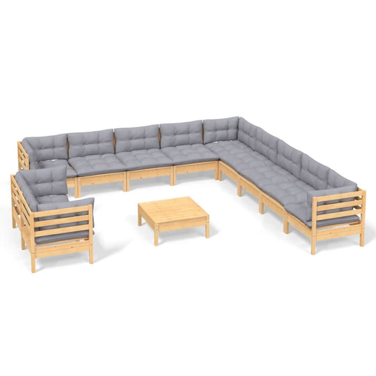 12 Piece Garden Lounge Set with Grey Cushions Solid Pinewood