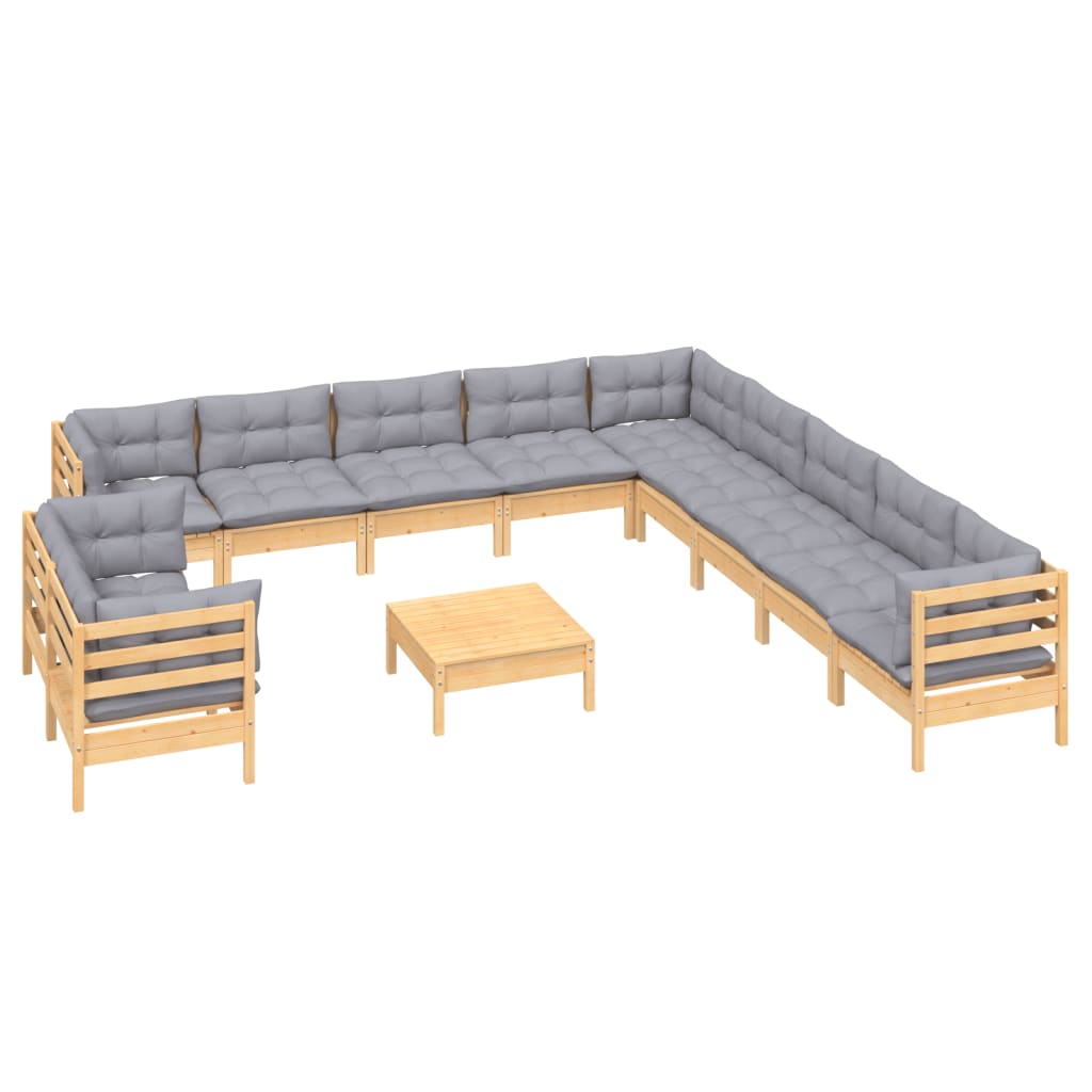 12 Piece Garden Lounge Set with Grey Cushions Solid Pinewood