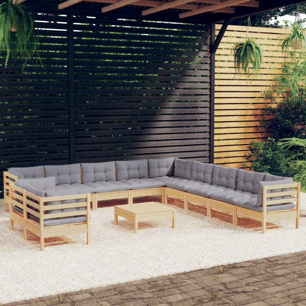 12 Piece Garden Lounge Set with Grey Cushions Solid Pinewood