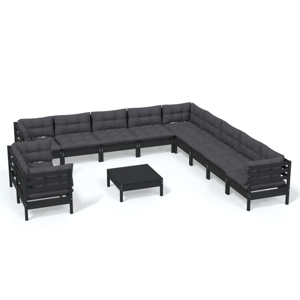 12 Piece Garden Lounge Set with Cushions Black Solid Pinewood