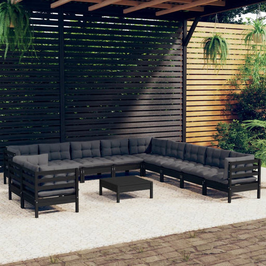 12 Piece Garden Lounge Set with Cushions Black Solid Pinewood