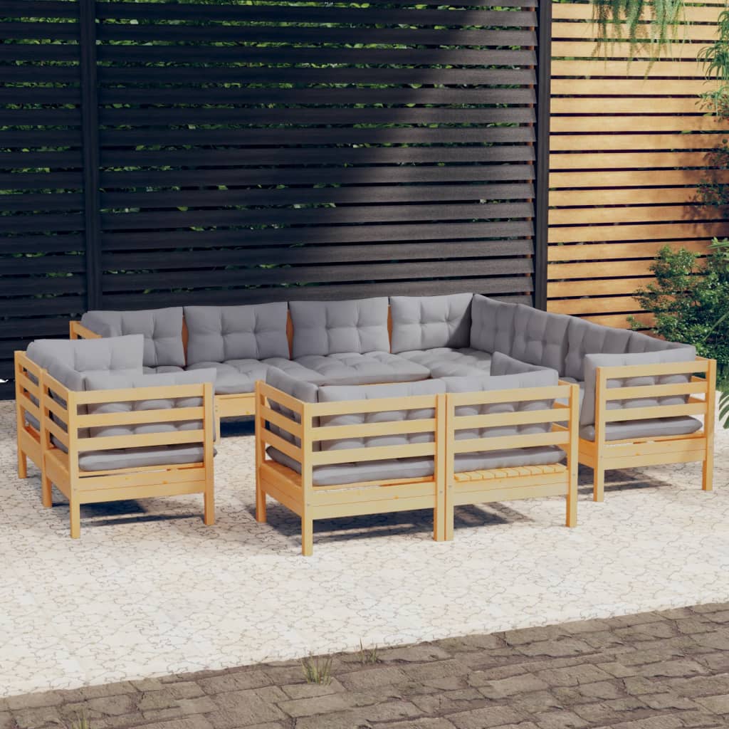 11 Piece Garden Lounge Set with Grey Cushions Solid Pinewood