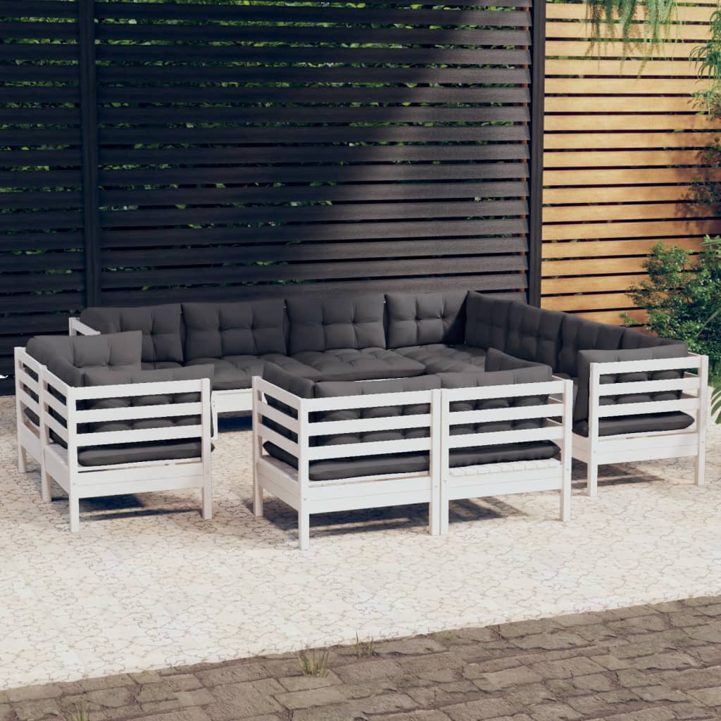 11 Piece Garden Lounge Set with Cushions White Solid Pinewood