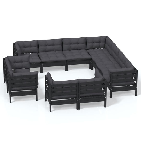 11 Piece Garden Lounge Set with Cushions Black Solid Pinewood