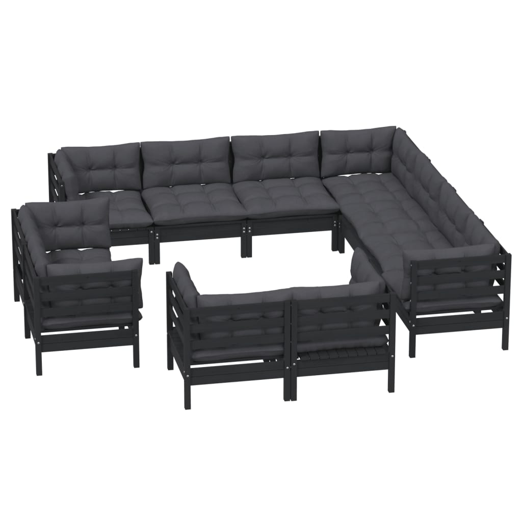 11 Piece Garden Lounge Set with Cushions Black Solid Pinewood